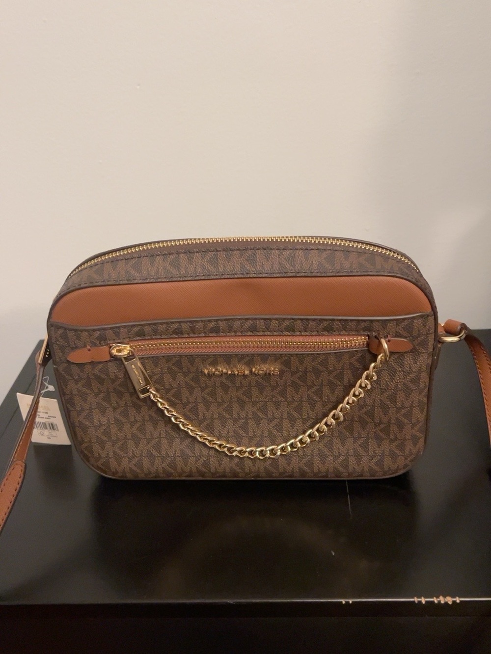 Michael Kors Brown and Tan Logo Crossbody with Gold Chain